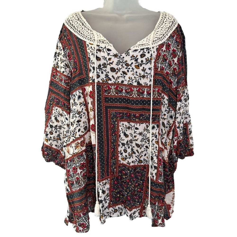 Suzanne Betro Women's 3XL Floral Tunic Patchwork Crochet Boho Flowy Cottagecore